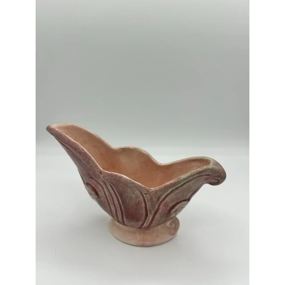 Vintage Mid-Century Pink art pottery Console Planter Unmarked Art Nouveau Leaf